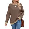 Women's Round Neck Loose Top Long Sleeved Color Blocked Ribbed Sweatshirt
