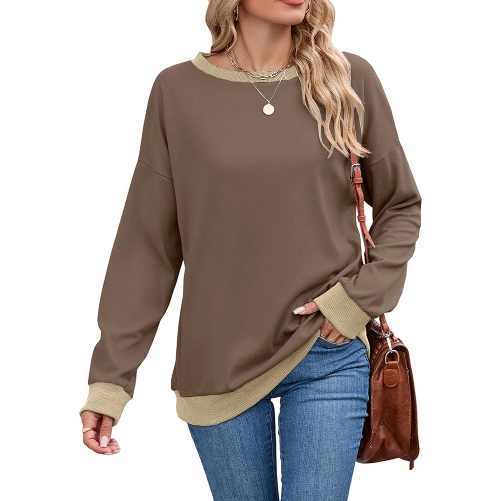 Women's Round Neck Loose Top Long Sleeved Color Blocked Ribbed Sweatshirt