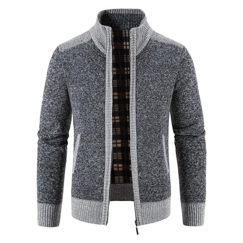 Winter Men's Plus Velvet Thick Sweater Fashionable Color Zipper Cardigan Stand Collar Knit Jacket