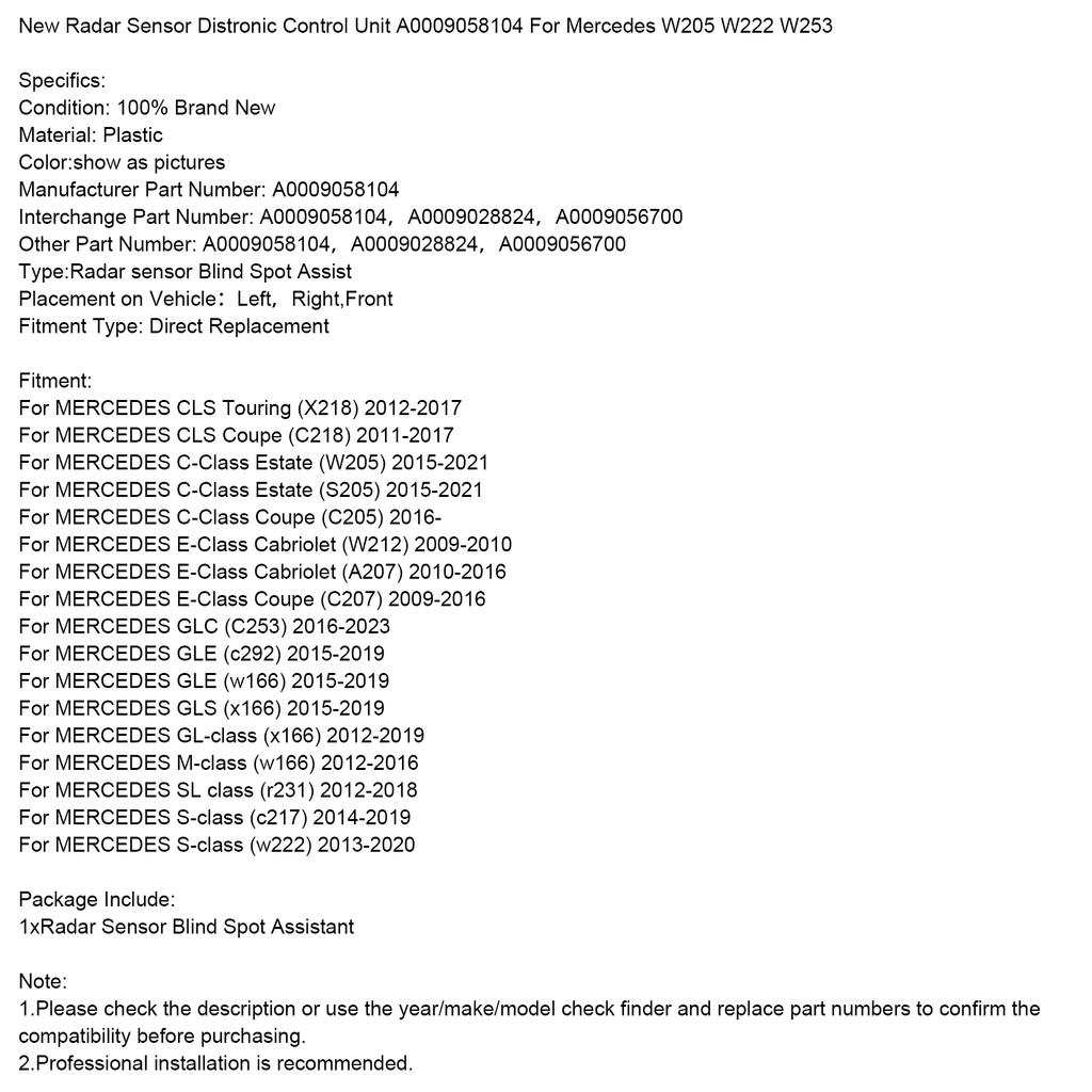 New Radar Sensor Distronic Control Unit A0009058104 For Mercedes W205 W222 W253