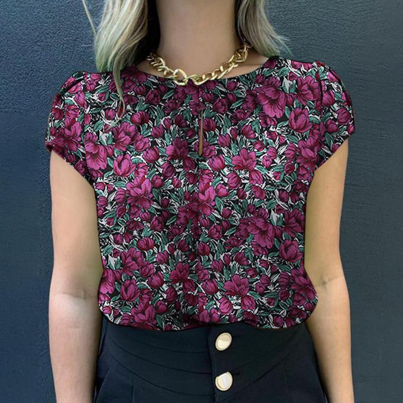 

ZANZEA Женская повседневная летняя блузка с круглым вырезом и коротким рукавом с цветочным принтом M фиолетовый