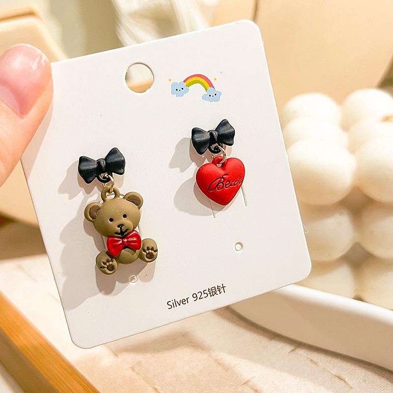 Cute Bear Earrings, Asymmetrical Cartoon Stud Earrings, Beautiful Girl Love Fun Earrings