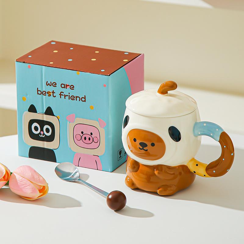 Cute cute cartoon piggy ceramic mug with lid for girls' birthday girlfriends practical souvenir gift box