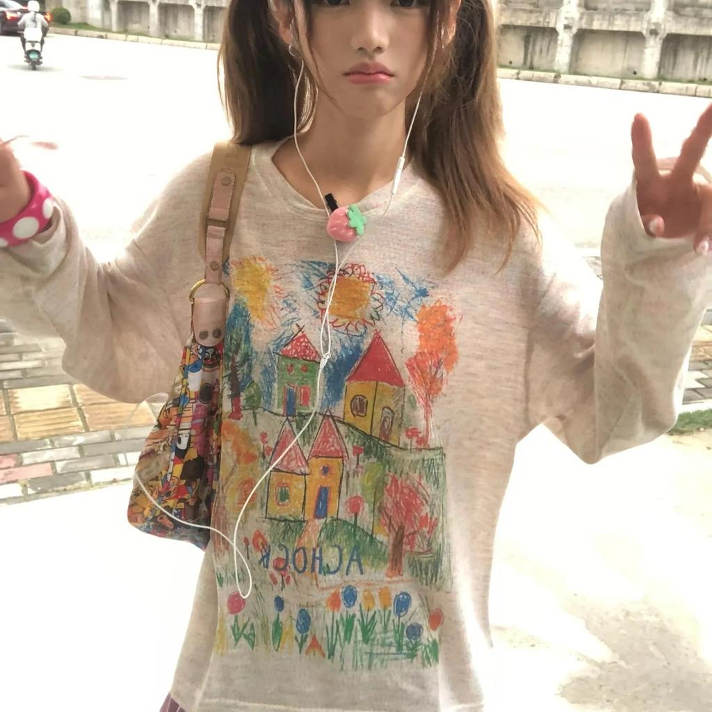 Japon Y2k Graffiti Baskılı Örgü Tişört 2000'ler Tarzı Uzun Kollu İnce Tişört Vintage Harajuku Rahat Tarz Sokak Giyimi