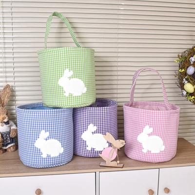 Easter Bunny Basket Plaid Gingham Easter Bucket with Handle Cute Egg Hunting Tote Bag for Candy Gifts Storage Party Supplies