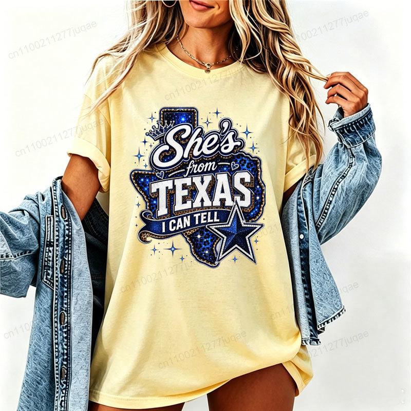 Leopard She’s From Texas I Can Tell Print Women's T-Shirts Pink Texas Girl Shirts Country Western Tees Design Short Sleeve