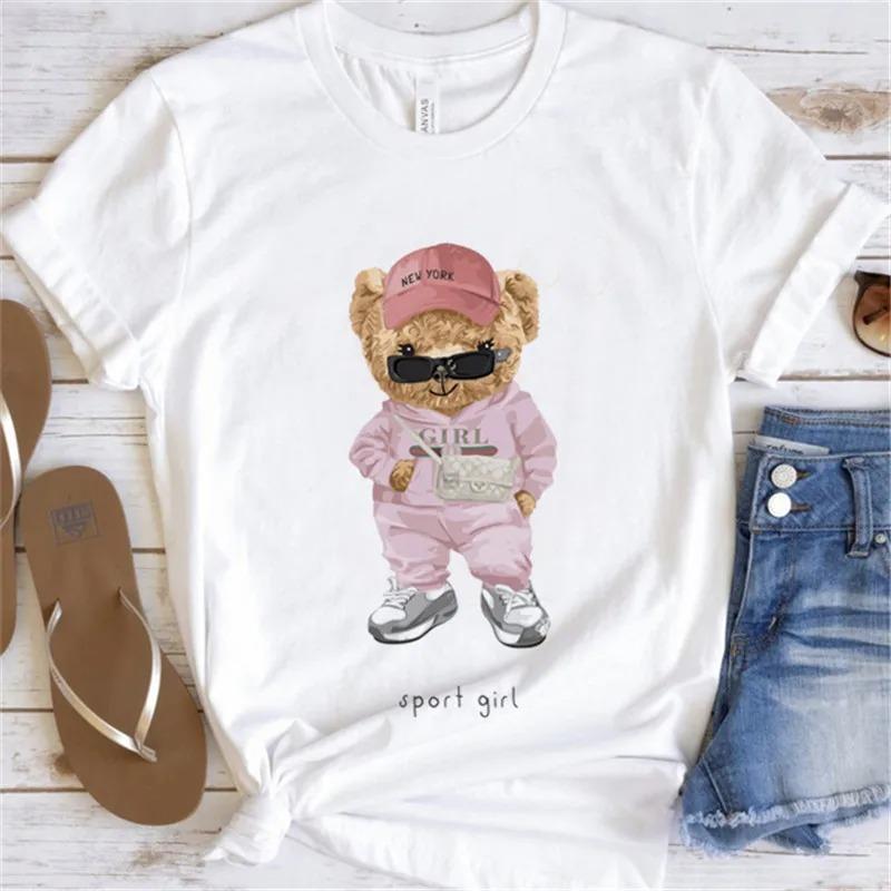 Cute Bear Print Shirts White Fashion Women T-Shirts Harajuku Kawaii Clothes Short Sleeve Summer Tees Casual Female Tops O-Neck