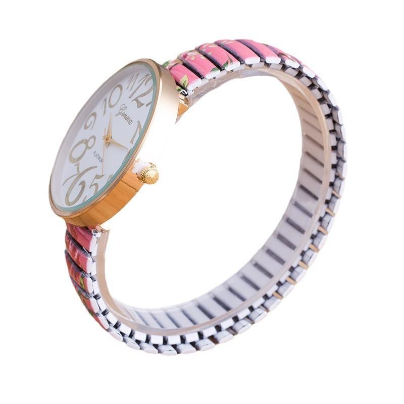 Fashion Flowers Printed Women Watch Luxury Elastic Strap Arabic Quartz Watches Reloj Mujer Girls Clock (Without Box)montre Femme