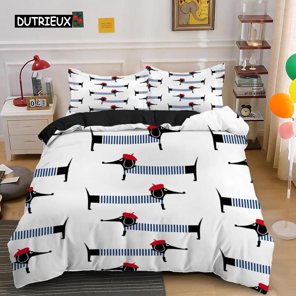Dachshund Duvet Cover Set Cartoon Style Dachshunds King Size Bedding Set for Dog Lovers Kids Teens 2/3pcs Twin Comforter Cover