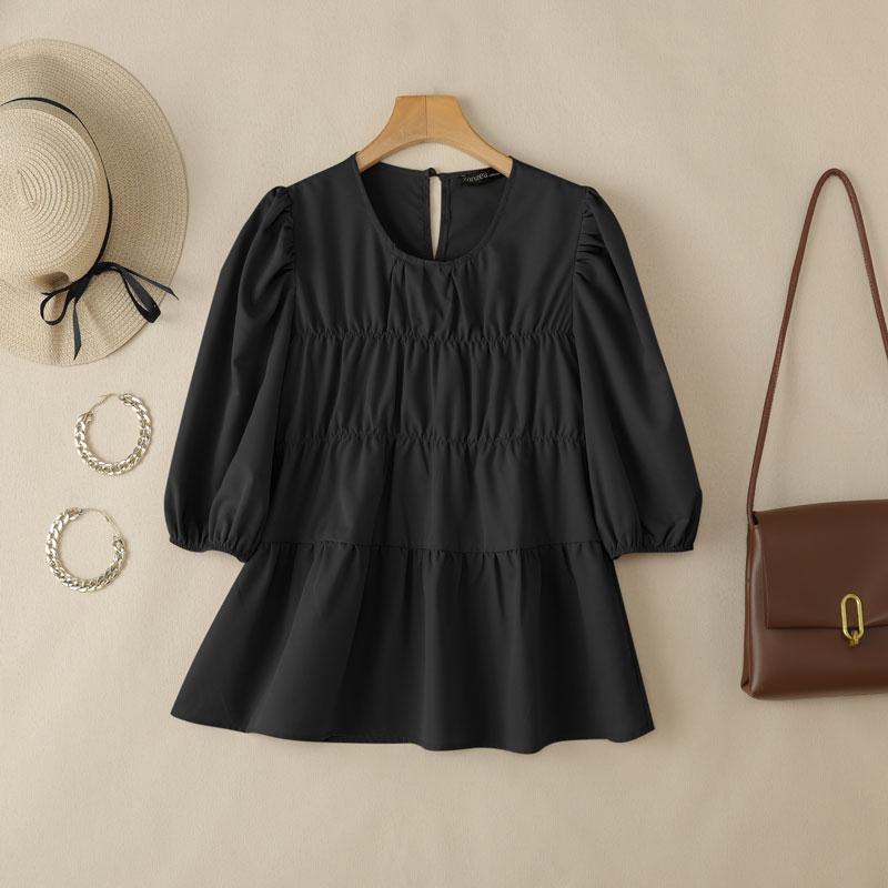 ZANZEA Kvinner Casual rund hals ensfarget løs kortermet bluse