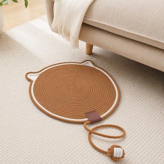 Cat Scratching Pad, Woven Cotton Rope Cat Scratcher with Bait Ball And Cute Ear Design, Indoor Cat Scratcher Mat for Furniture