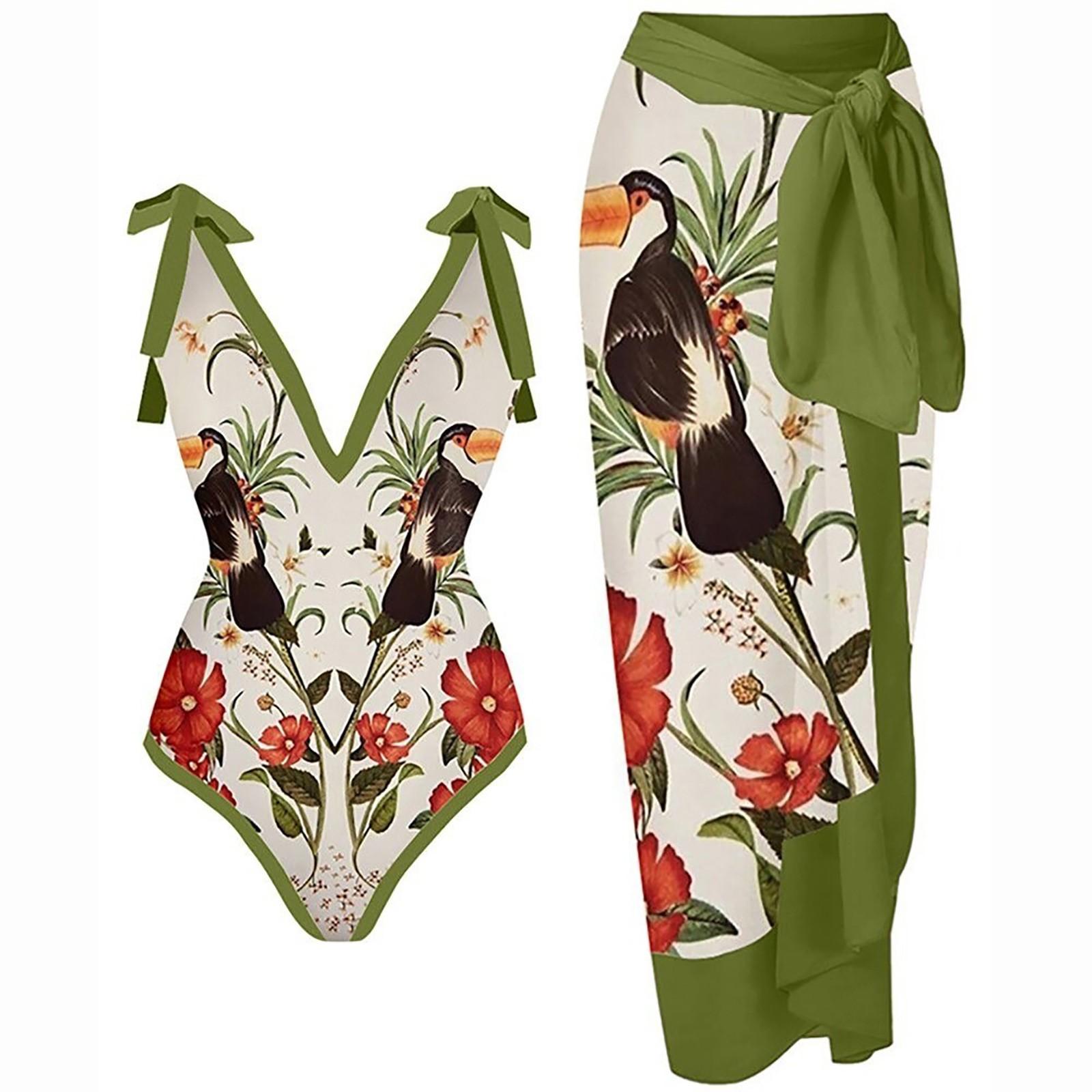 

Women s Sexy One-Piece With Printed Swimsuit Long Skirt Set L