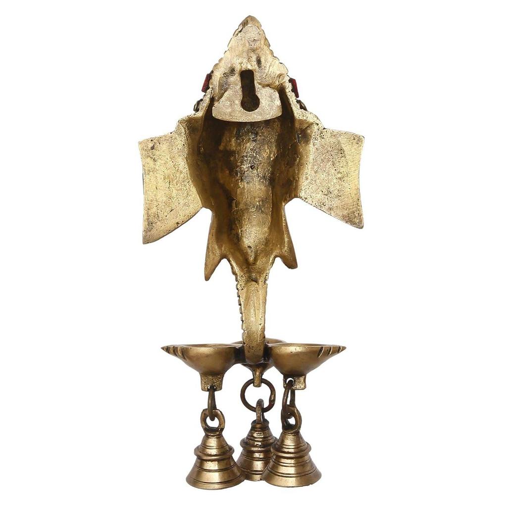 Golden & Colorful Stone Work Handcrafted Lord Ganesha Wall Hanging Brass Diya of 3 Wicks with 3 Bells - Designer Diya, Deepam for Home