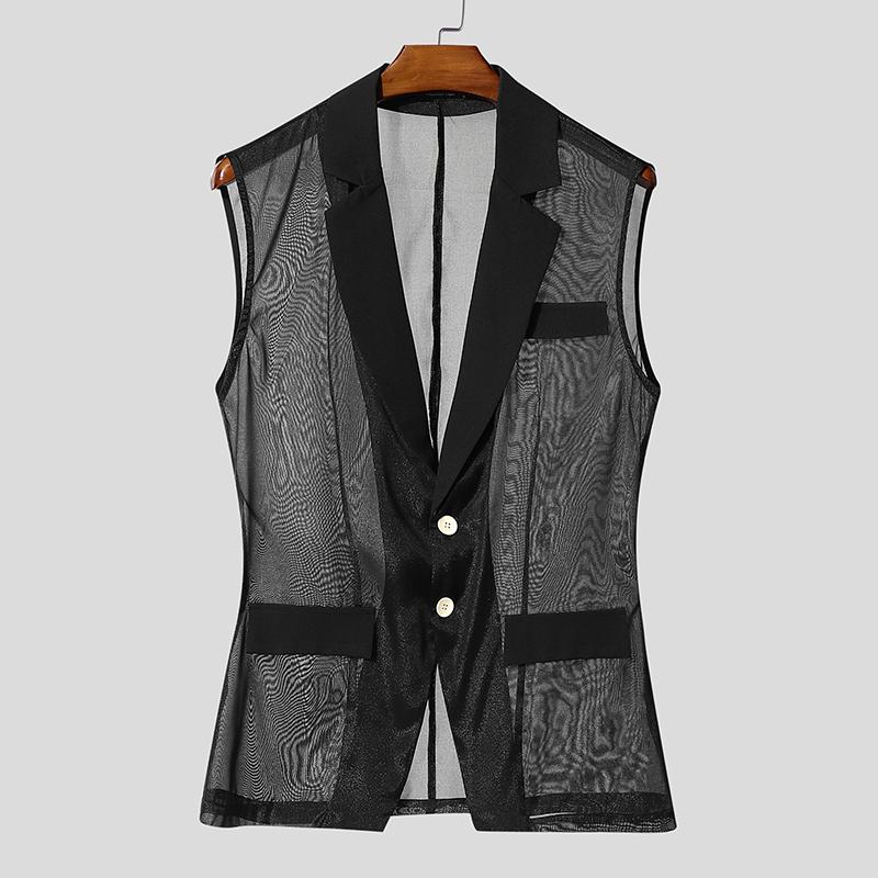 INCERUN Men Lapel Sleeveless Buttons Stitching See Through Mesh Sheer Waistcoats