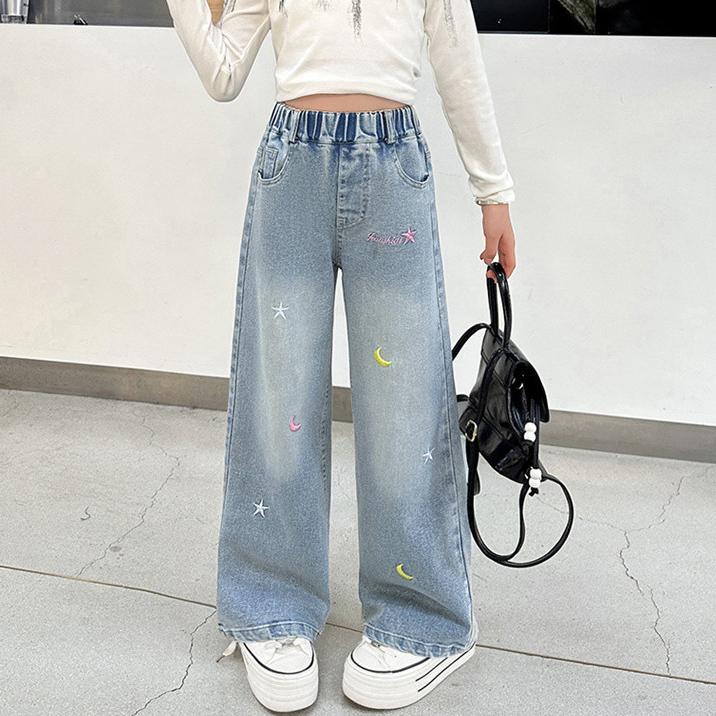 Dívčí kalhoty s rovnými nohavicemi Jarní a podzimní styly Džínové Světlé barvy Vyšívané Elastické Kalhoty se širokými nohavicemi Dětské džíny