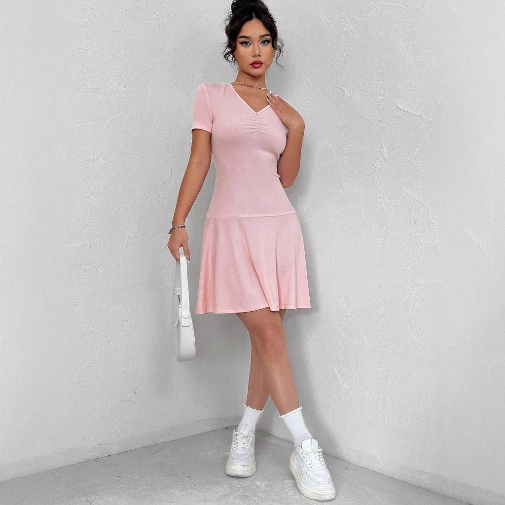Available: Summer Women's V-Neck Slim Fit A-Line Dress - Solid Color, European & American Style