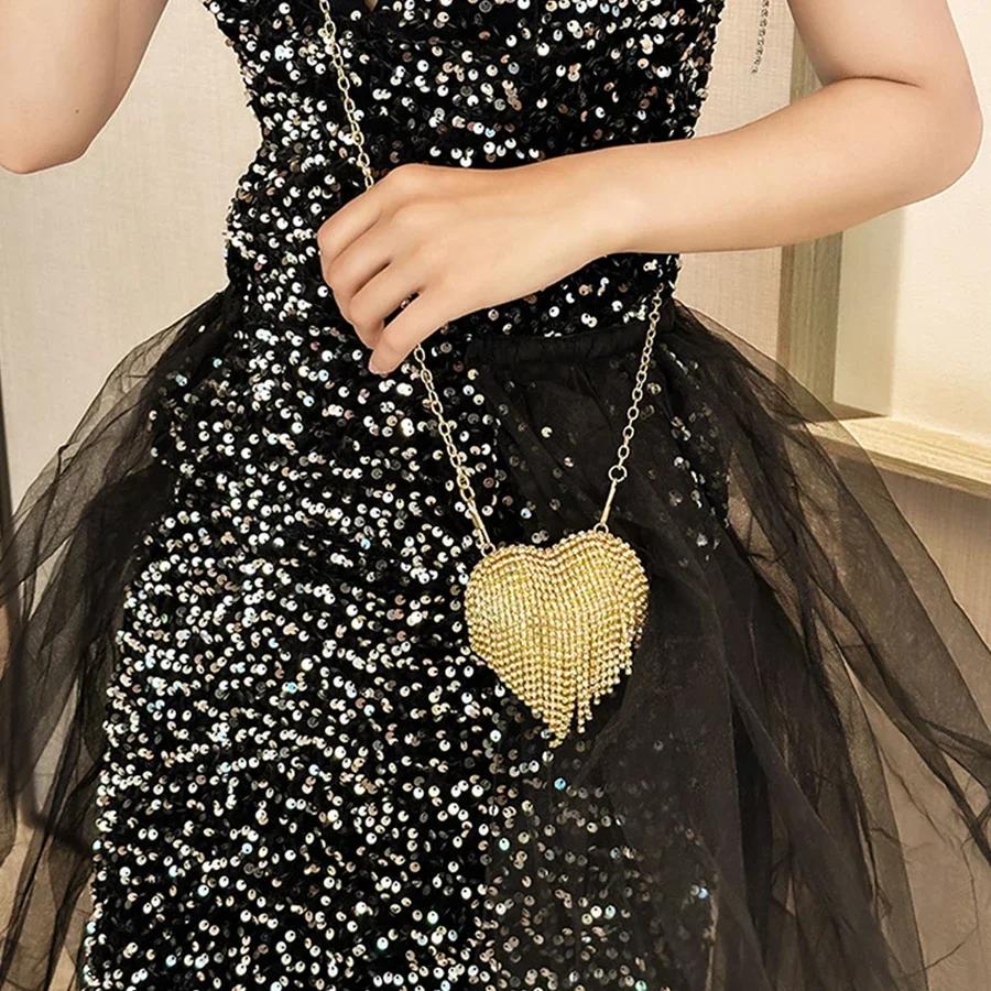 Fashion Full Diamond Tassel Dinner Bags for Women High Quality Heart Shaped Shoulder Bag  Designer Lipstick Bag Accessory Bag