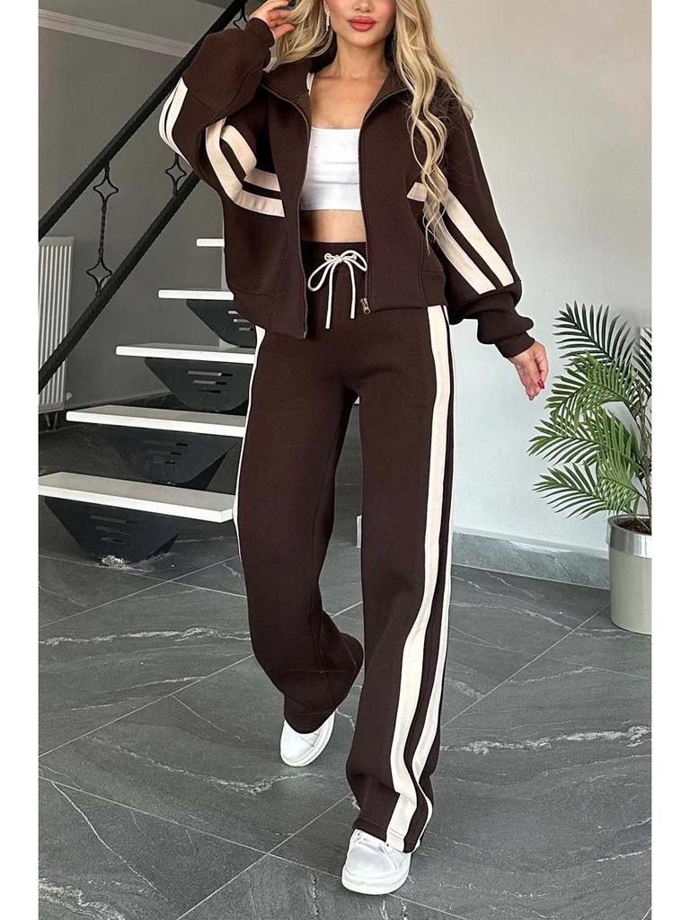 Y2K Striped Zipper Jacket and Pants Casual Sportswear Set for Women – 2025 Autumn Collection