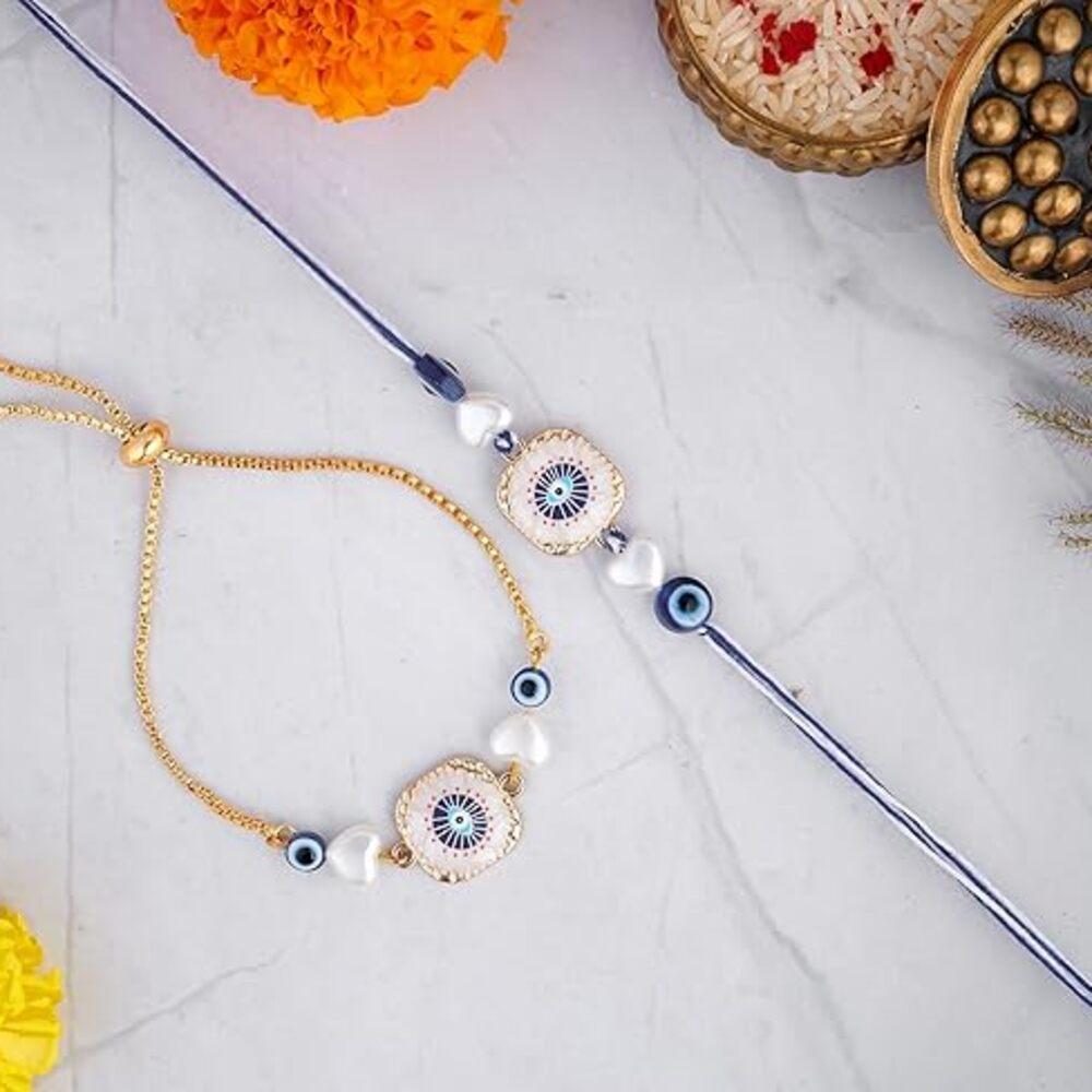 Rakhi For Brother and Bhabhi Raksha Bandhan EvilEye Bhai Bhabhi Lumba Set | Bhaiya Bhabhi Rakhi Combo, arrives in compact box packaging