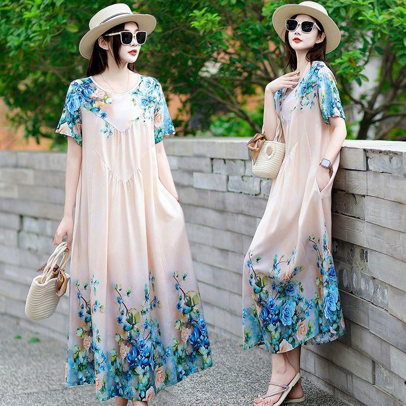Summer Women's Plus Size Dress Loose Round Neck Floral Dress Soft Skin-friendly Breathable Long Dress