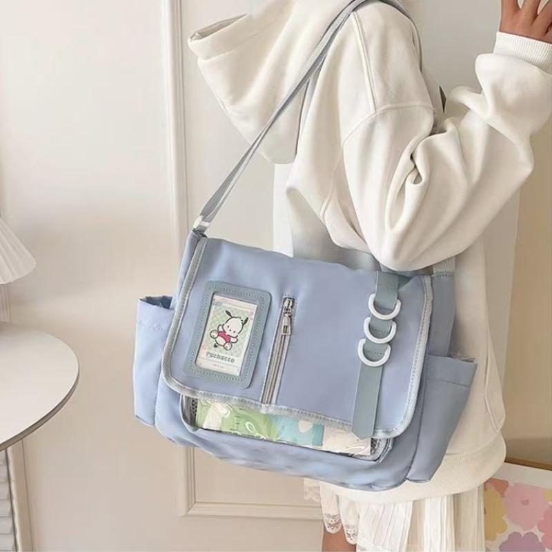 Y2K Clear Patch Canvas Crossbody Messenger Bag Multi Pocket Shoulder Bag Casual Daily School Work Satchel Handbag for Teen Girls