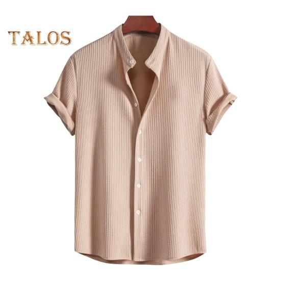 Men Summer Shirt Stand Collar Button-down Cardigan Short Sleeves Solid Color Loose Casual Business Daily Wear Top