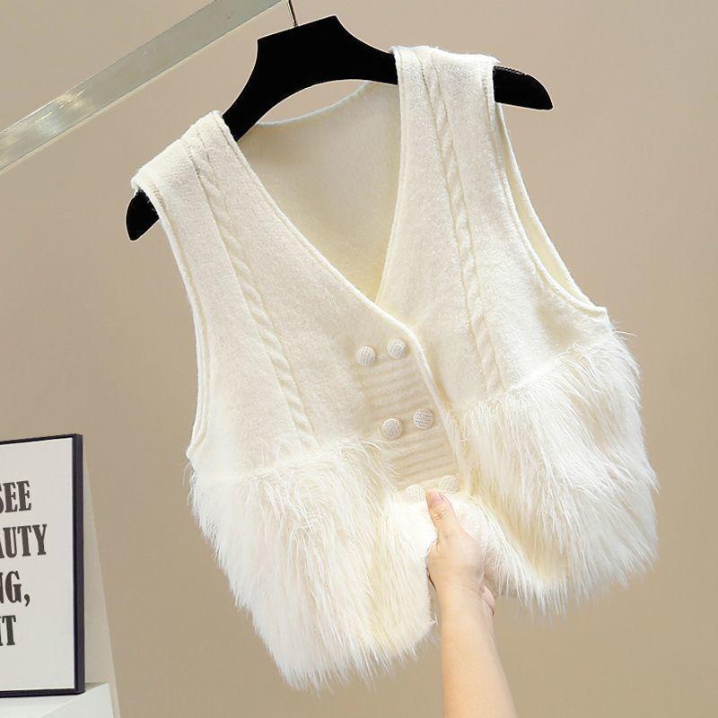 

Женский трикотажный жилет с V-образным вырезом, двубортный пушистый жилет в стиле пэчворк больших размеров, безрукавки из норки XL белый