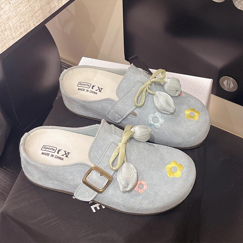 Retro flower women's shoes summer wear new lazy one pedal with skirt soft-soled bag head half slippers