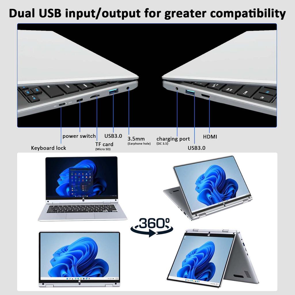 Touchscreen Laptop HDTOSNER 11.6" , Intel Processor, 8GB RAM, 256GB SSD, Windows Pro, Silver, For Work and Study Laptop