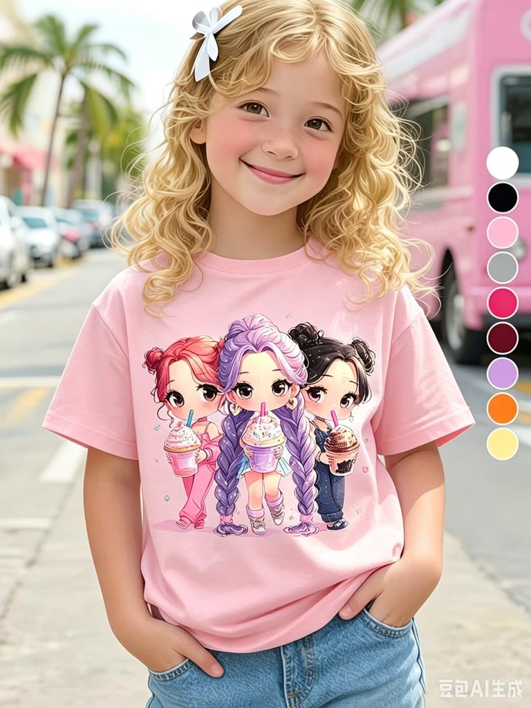 Summer Kpop Popular Cartoon Print Children's Design Casual Harajuku Style Round Neck Short Sleeved Top Fans Gifts Kids Clothes
