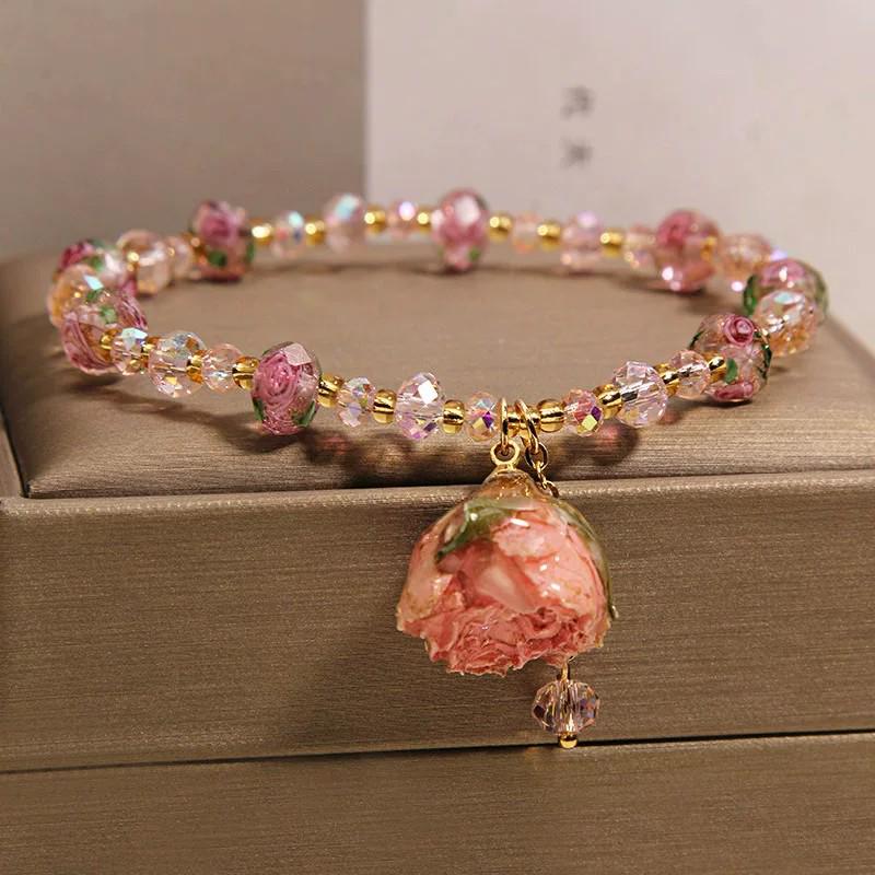 Exquisite Pink Rose Garden Crystal Bracelet & Rose Pendant Anklet for Women