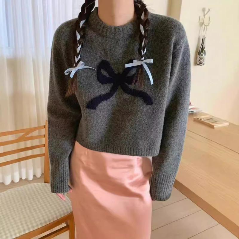 Autumn and winter cute girl feeling full of new loose versatile bow round neck knitted pullover sweater women