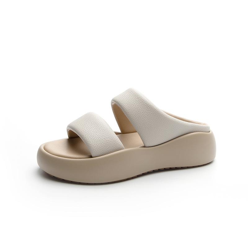 The Same Style, Round Head Thick Bottom Wide Edge Double Word with Thick Bottom Soft Elastic Stepping On Shit Feeling Leather Cool Slippers Female