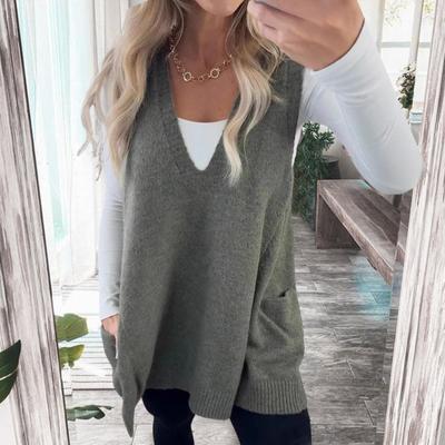 Women Sweater Vest V-neck Sleeveless Pockets Mid-length Knitting Tops Solid Color Autumn Winter Casual Knitwear