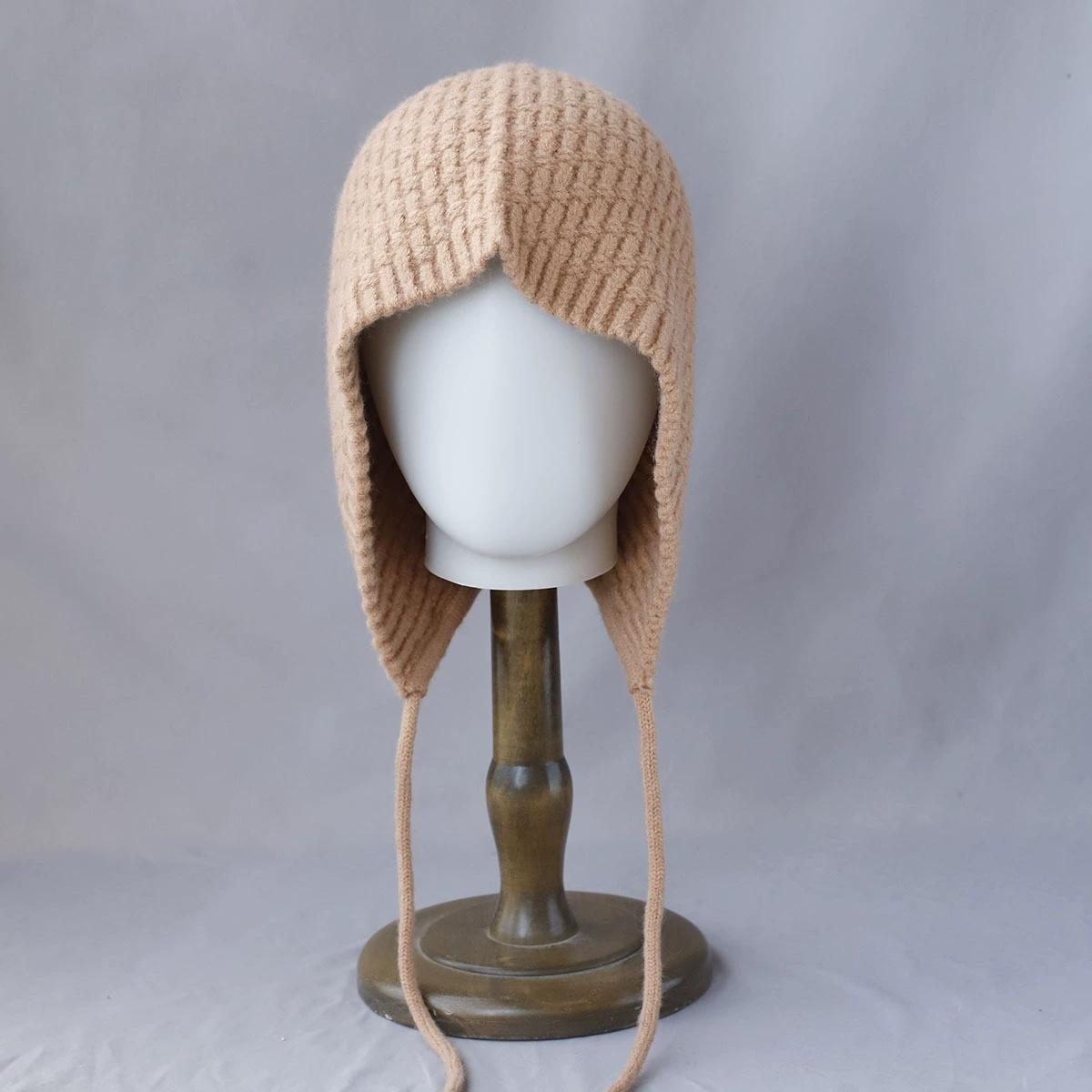 

Зимние вязаные шапки-бини женские теплые шерстяные японские вязаные шапки однотонные шапки с отворотом защита ушей завязывающаяся шапка-пуловер шапка-боннет 56-58cm