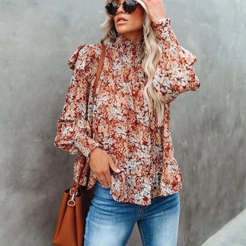 2023 Autumn Long Sleeve Pleated Loose Top Fashion Women High Collar Floral Print Blouse Korean Shirt Split Top Elegant 29595