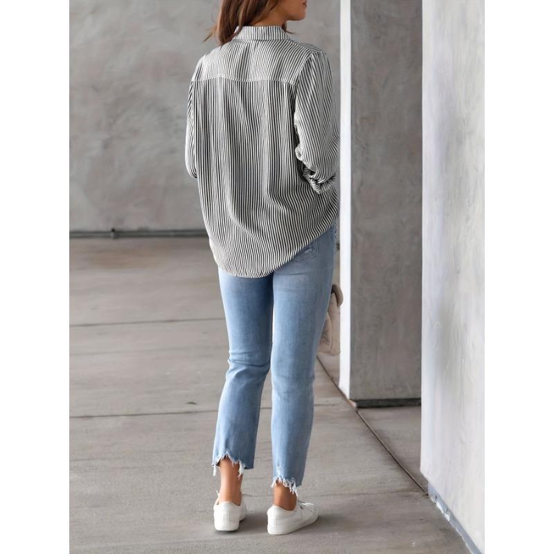 Women's Fashion Casual Spring Fall Stripe Print Long Sleeve POLO Neck Blouses & Shirts