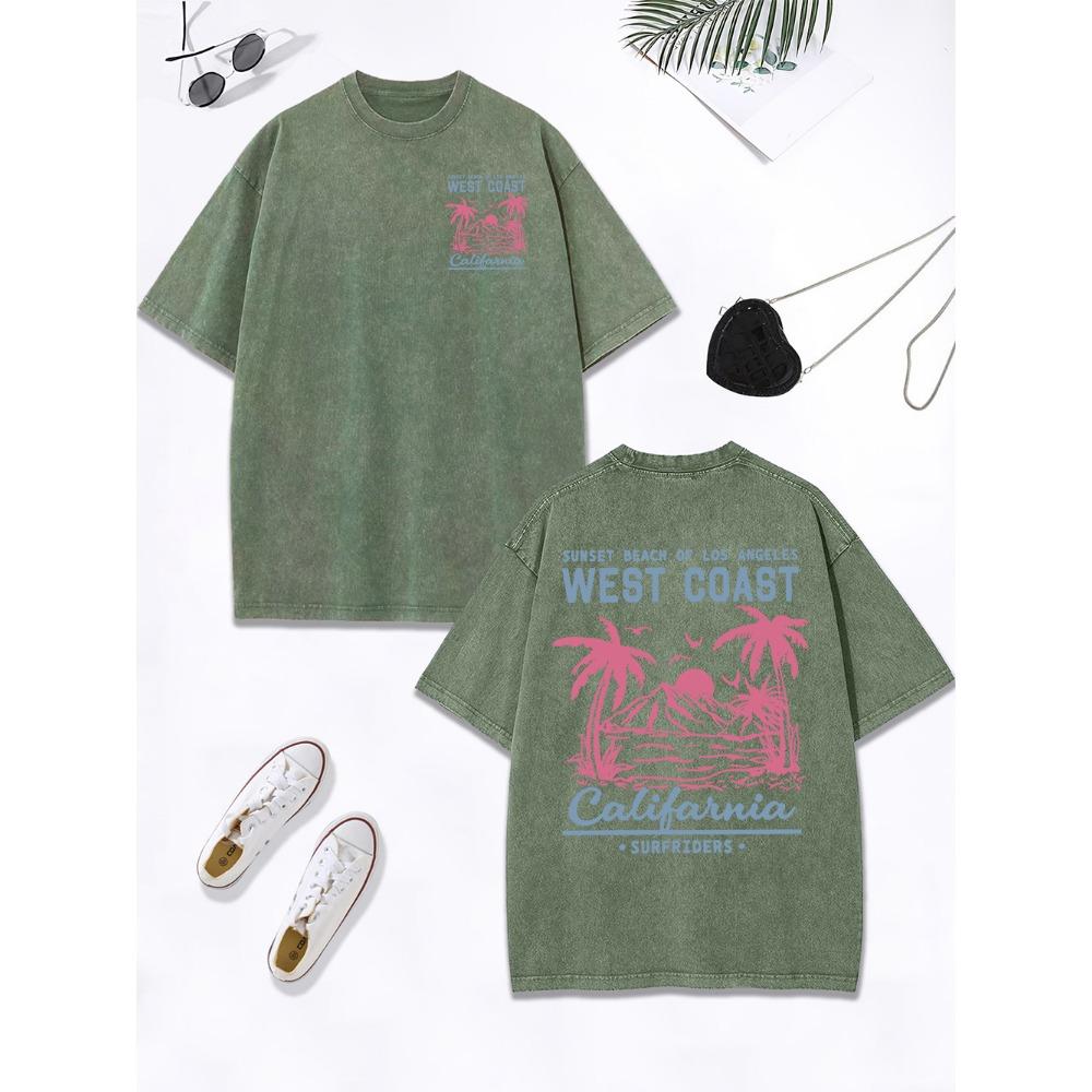 California West Coast Beach Printing Washed T-Shirts Women Cotton Oversize T Shirt O-Neck Comfortable Tops Womans Clothes
