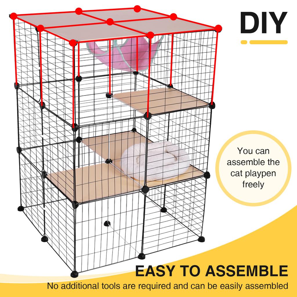 3 Tiers Indoor Cat Enclosures W/ Hammock & Bed Cat Wire Kennel Crate Kitten Playpen Cage Large Exercise Place Ideal for 1-3Cats