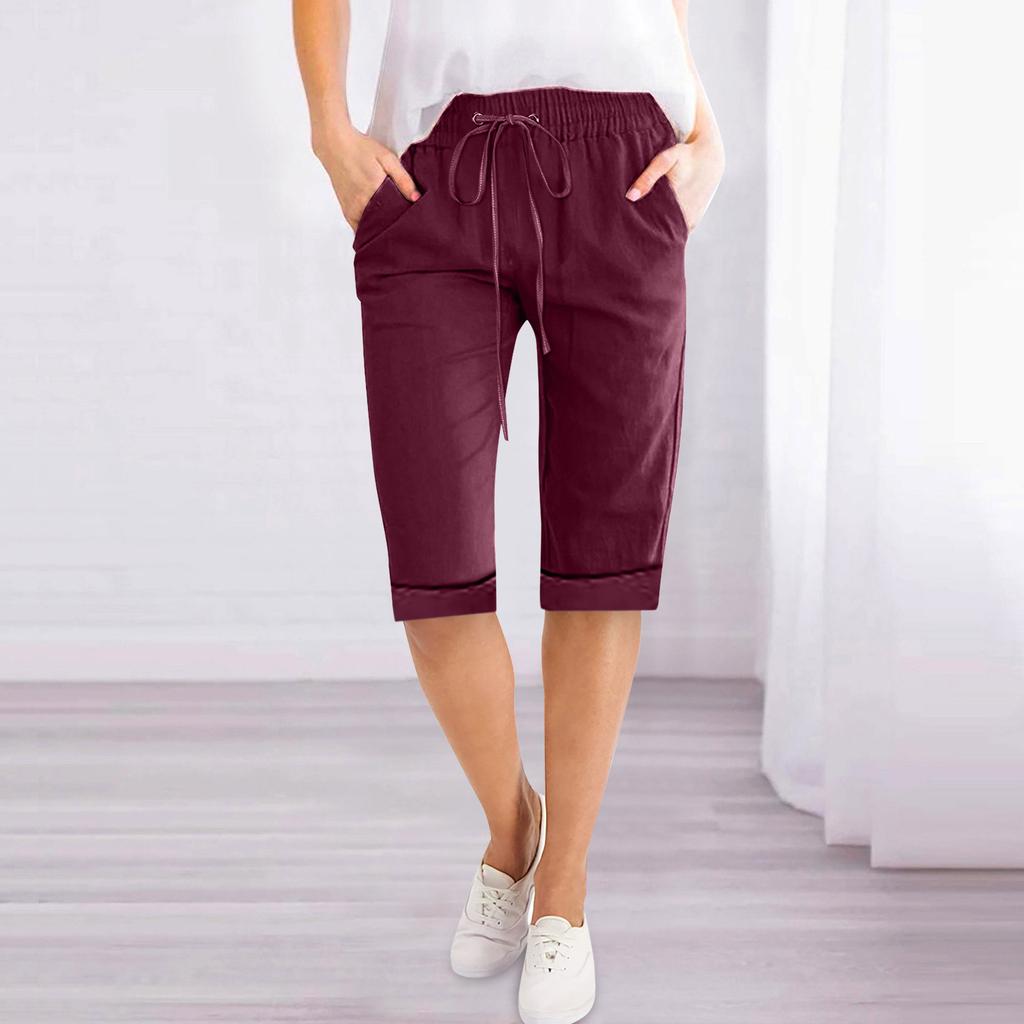 Women's Drawstring Mid Waist Capri Pants Loose Straight Leg Linen Five Point Trousers Elegant Solid Pocket Casual Home Shorts