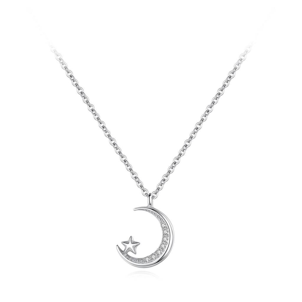 S925 Sterling Silver Star & Moon Necklace for Women - Japanese & Korean Design, Micro-Inlaid Clavicle Chain, Trendy Pendant.