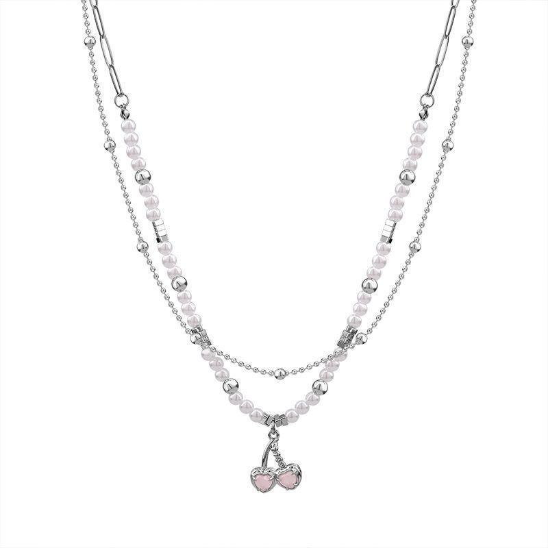 Pearl Cherry Necklace Women's Tide Double Layer Stacked Beaded Sweet Cool Sweater Chain Metal Accessories Niche Clavicle Chain Neck Chain