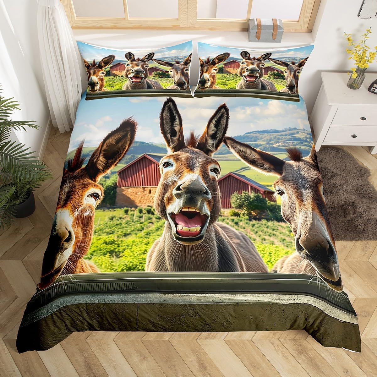 

Comforter Donkey Bedding Set Twin Full King Kawaii Farmhouse Cute Animals Comforter For Boys Girls Teens Room Dorm Decor Comforter (quilt)-EU Single(135*200cm)3pcs