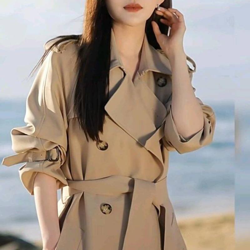 Damen Beiger Trenchcoat Langarm Zweireihig Gürtel Casual Übermantel