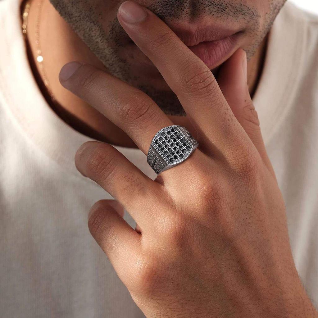Black Stone Ring for Men Boys,Stainless Steel Thumb Ring Chunky Ring Square Ring,Luxurious Punk Male Jewelry Gifts