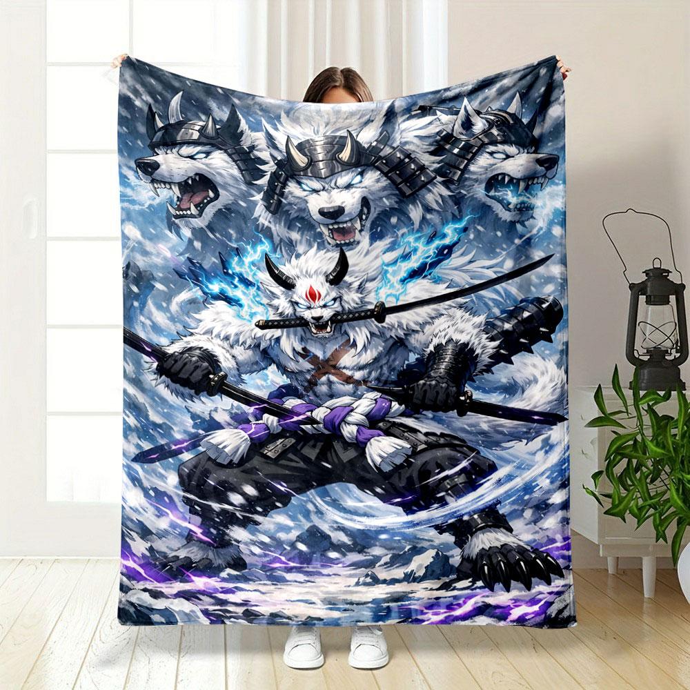A fierce warrior wolf surrounded by icy elements and glowing energy. for all seasons blanket lunch break throw gift