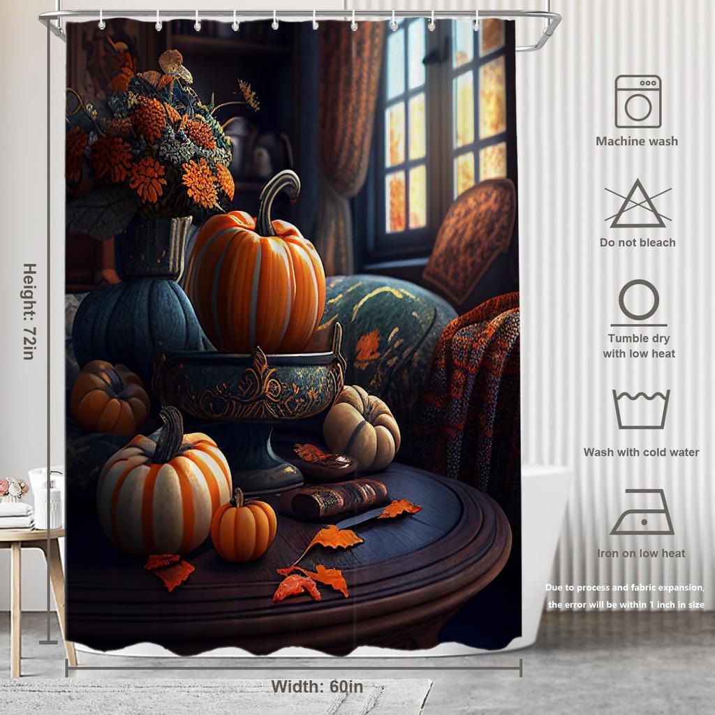Harvest Theme Shower Curtain Featuring Pumpkins Leaves And Floral Arrangement Fall Inspired Design Elegant Bathroom Decoration