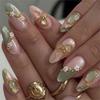 10/30pcs Pink Green Cat Eye Almomd Press On Nails 3D Gold Bow & White Mini Flower False Nails 3D Full Cover Medium Almond Nails