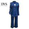 Women Coat Pants Suit 2 Pcs/Set Lady Formal Set Turn-down Collar Single-breasted Long Sleeves Button Decor Trousers Jacket Loose Striped Wide