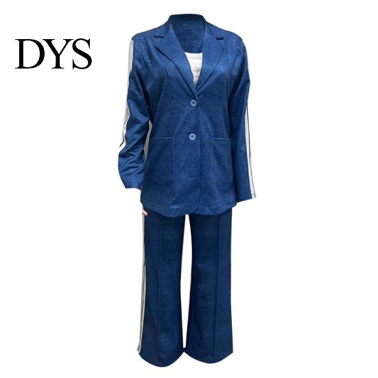 Women Coat Pants Suit 2 Pcs/Set Lady Formal Set Turn-down Collar Single-breasted Long Sleeves Button Decor Trousers Jacket Loose Striped Wide